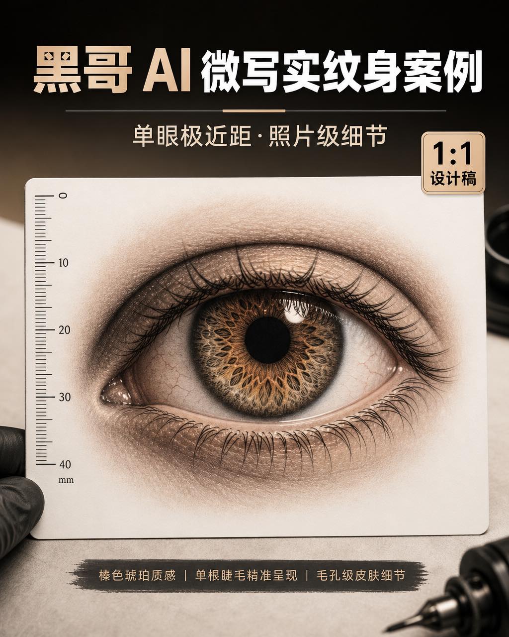 微写实纹身单眼设计，4cm比例，照片级睫毛细节、虹膜纹路和瞳孔镜面高光，展示于带刻度参考卡片上。
