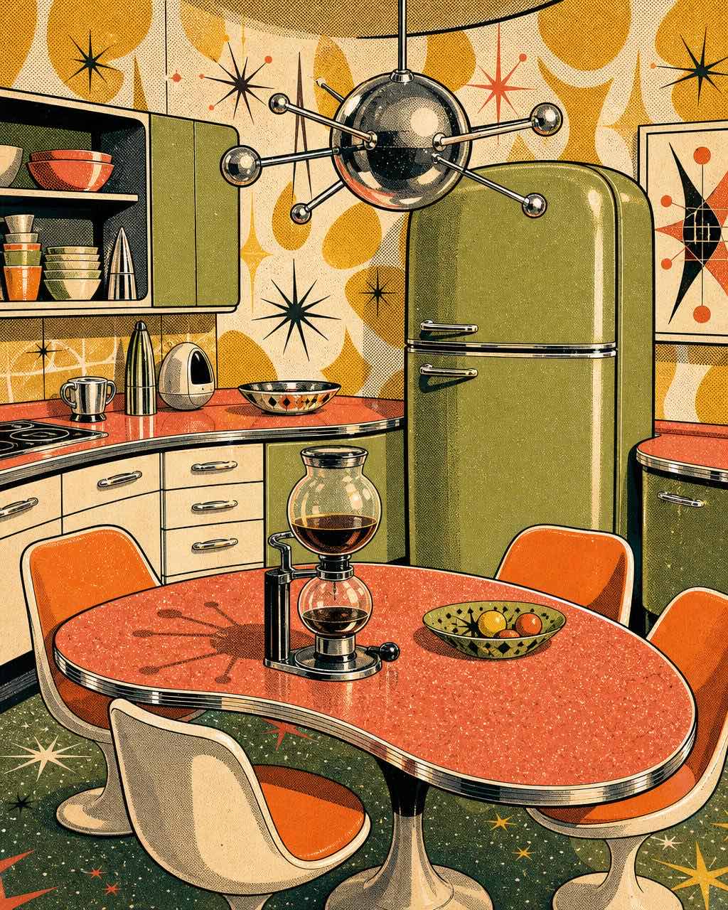 A retro screen-print style illustration of a 1960s space-age kitchen with avocado green appliances, atomic wallpaper, and a sputnik chandelier.