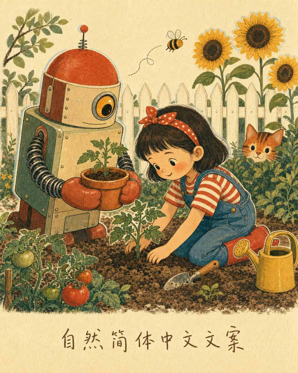 中世纪现代童书插画：桶头机器人帮穿背带裤的小女孩在后院种番茄苗。