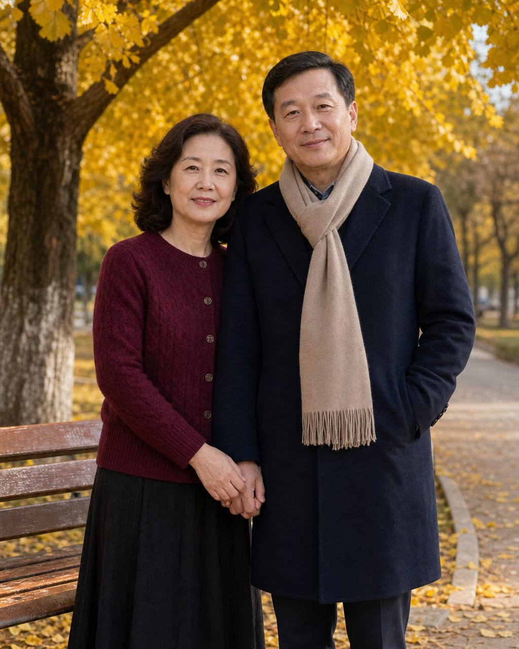 中年夫妻纪念照：稳定构图、温和眼神与生活化环境，表达岁月陪伴。