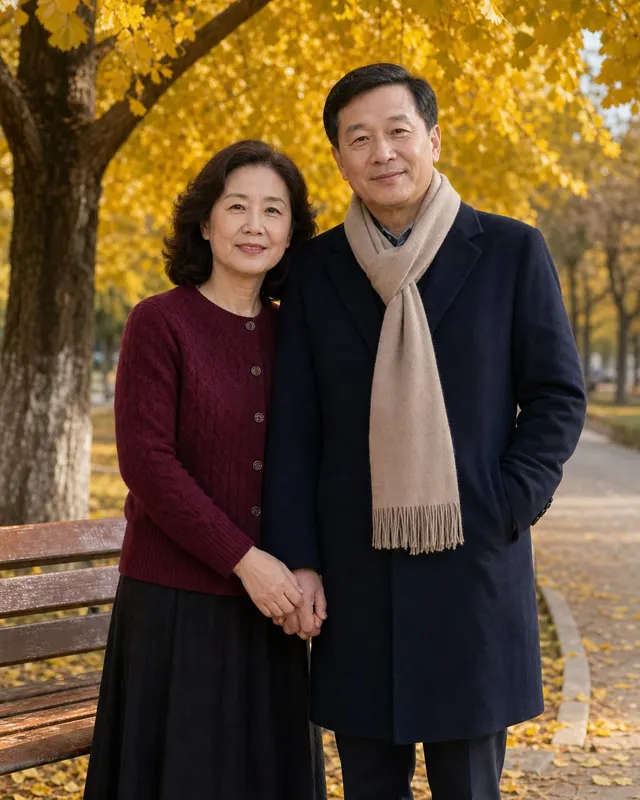 中年夫妻纪念照:稳定构图、温和眼神与生活化环境,表达岁月陪伴。