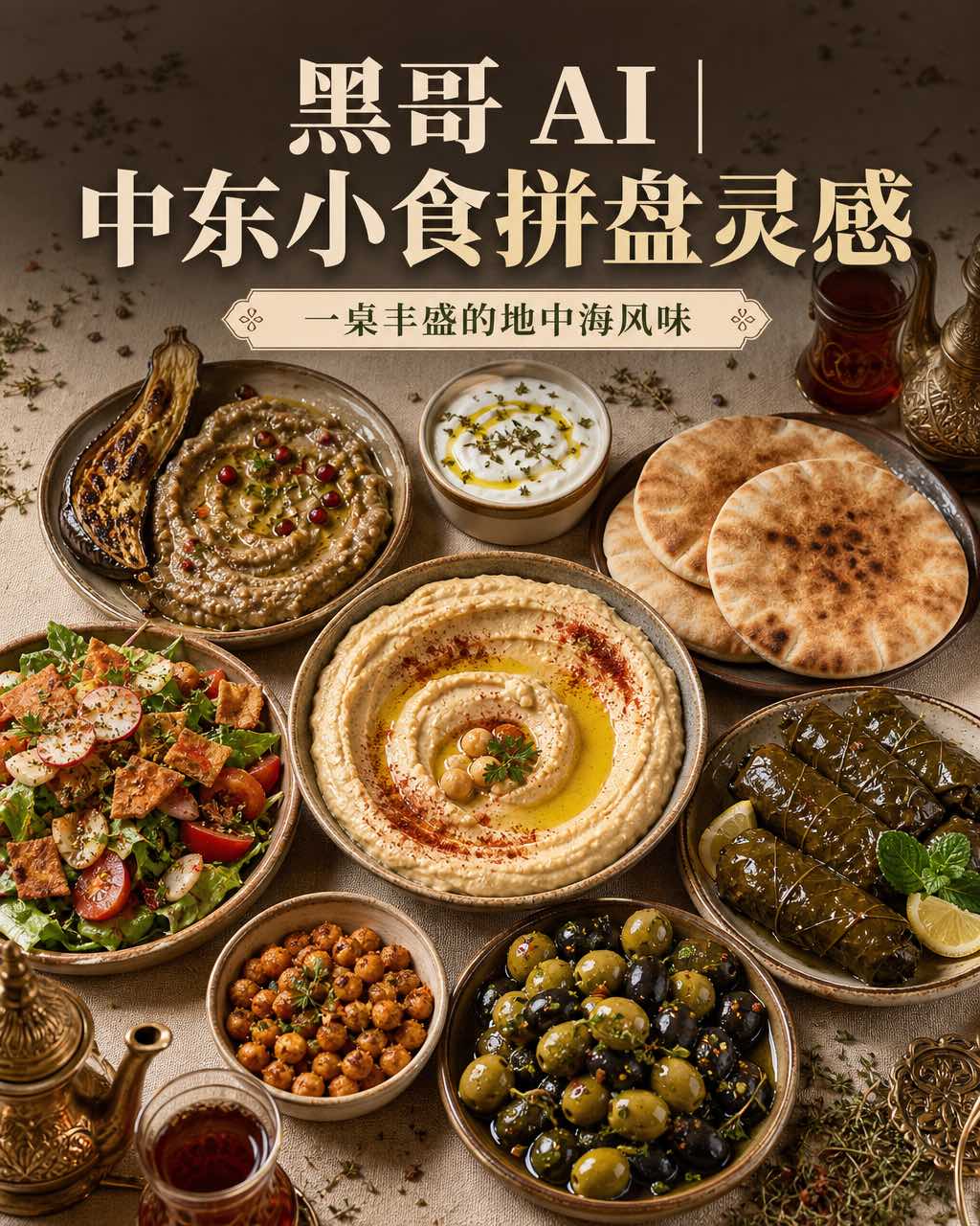 Overhead mezze spread on linen cloth, hummus with olive oil crater, baba ghanoush, pita, dolmades, and olives with copper tea pot.