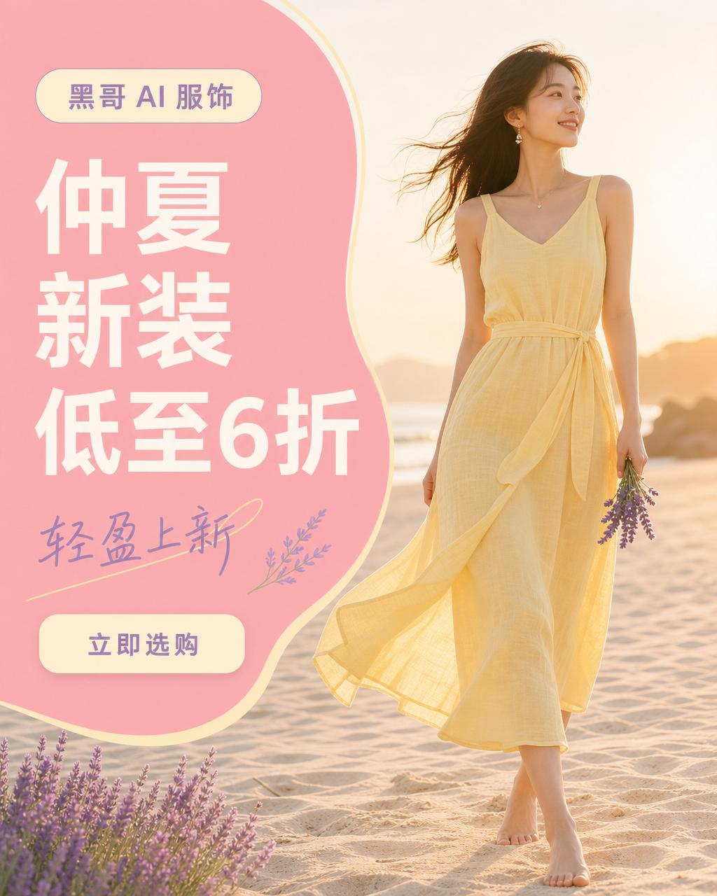 黄金时刻海边照片，女子穿黄色亚麻裙，旁边粉色色块写 MID SUMMER -40%。