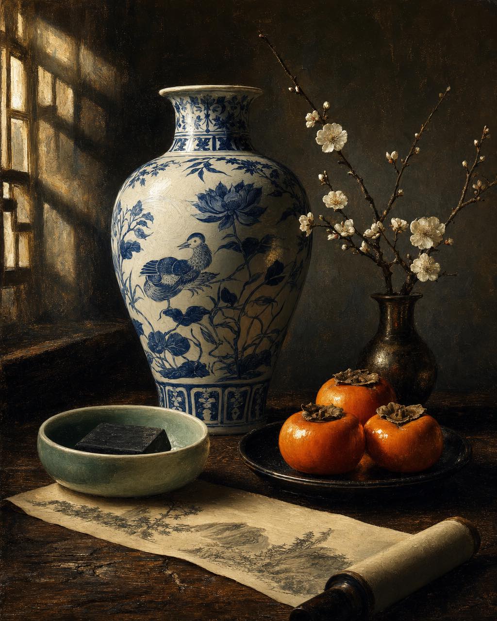 仿古典油画风格的明代青花瓷静物，青花大瓶、龙泉笔洗、红柿与白梅枝置于深色硬木桌上。