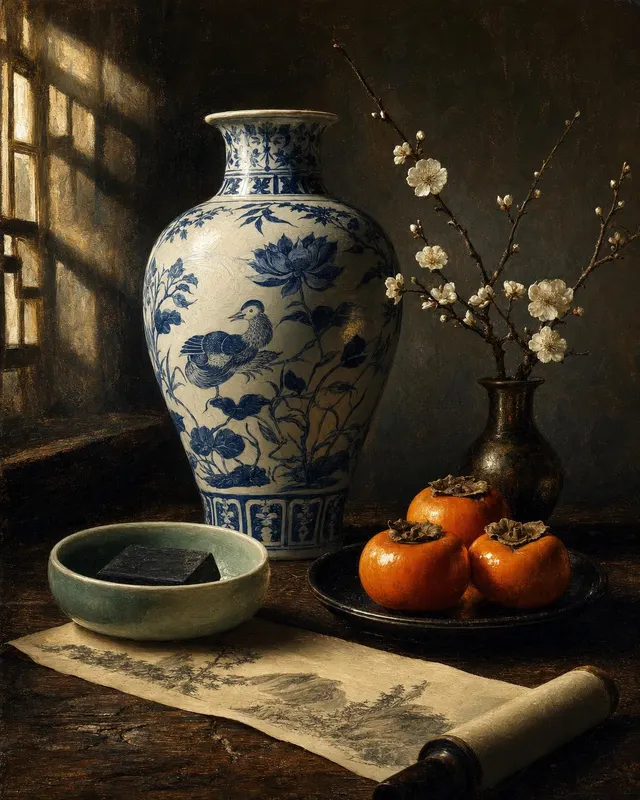 仿古典油画风格的明代青花瓷静物,青花大瓶、龙泉笔洗、红柿与白梅枝置于深色硬木桌上。