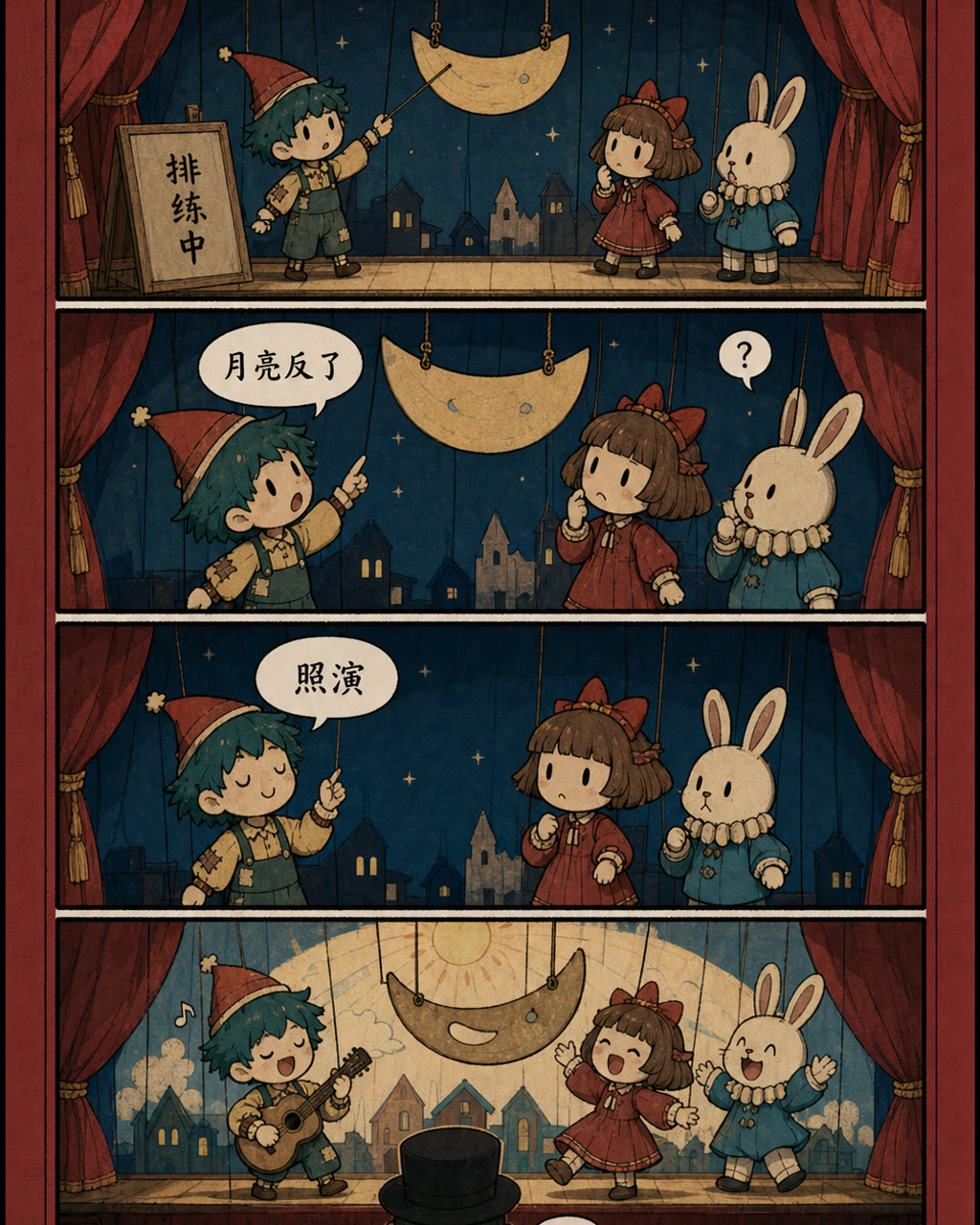 迷你剧场四格漫画，原创漫画风格样本，包含清晰漫画版式、角色动作和可见中文标题。