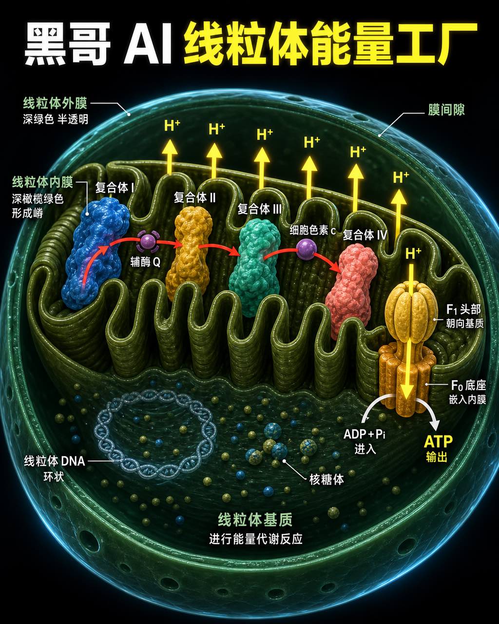 线粒体等距 3D 剖面：嵴上色码呼吸链复合体、H⁺ 梯度箭头、ATP 合酶转子清晰标注。