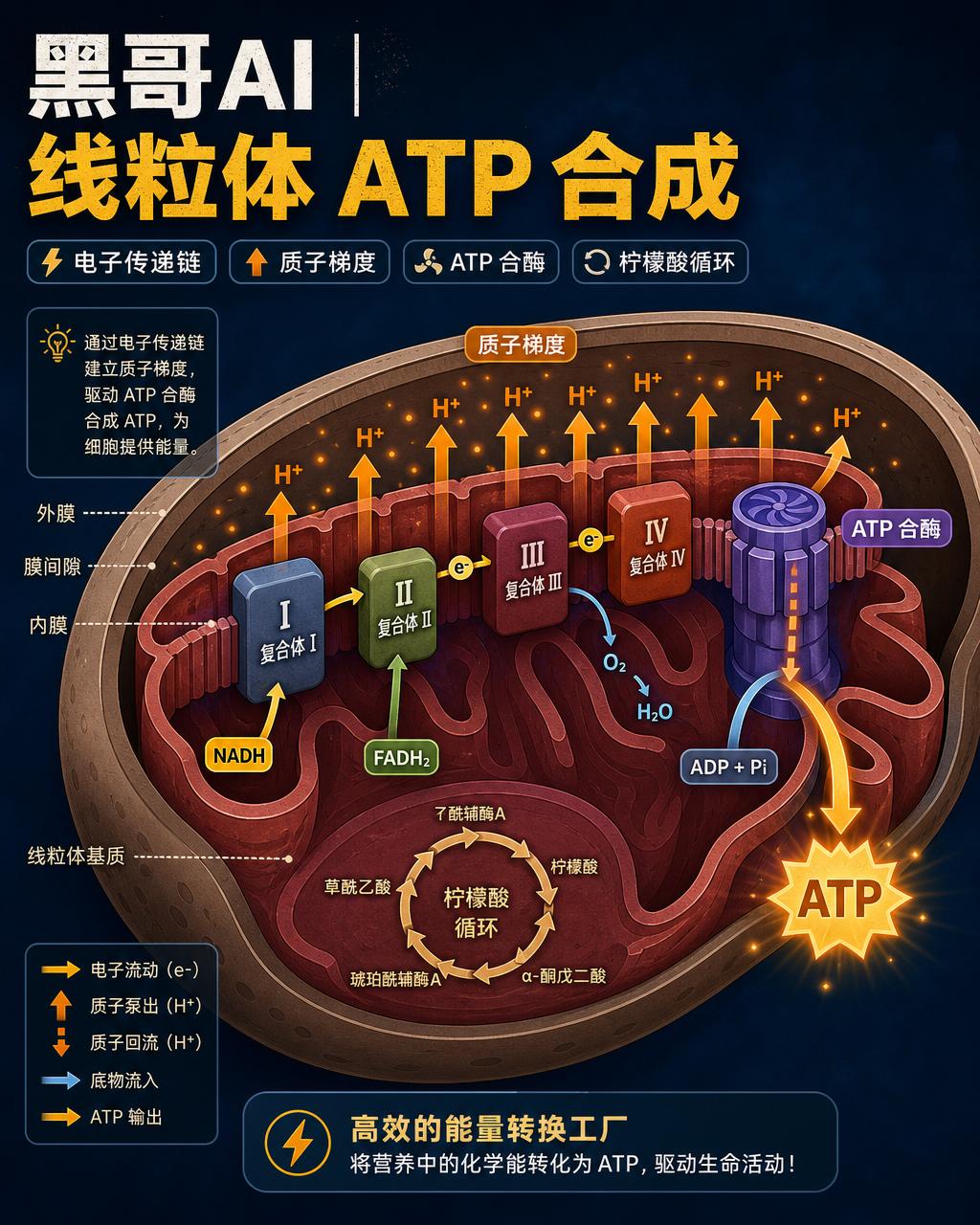 线粒体等轴测剖面图，展示呼吸链复合体、质子梯度箭头、ATP 合酶涡轮与柠檬酸循环