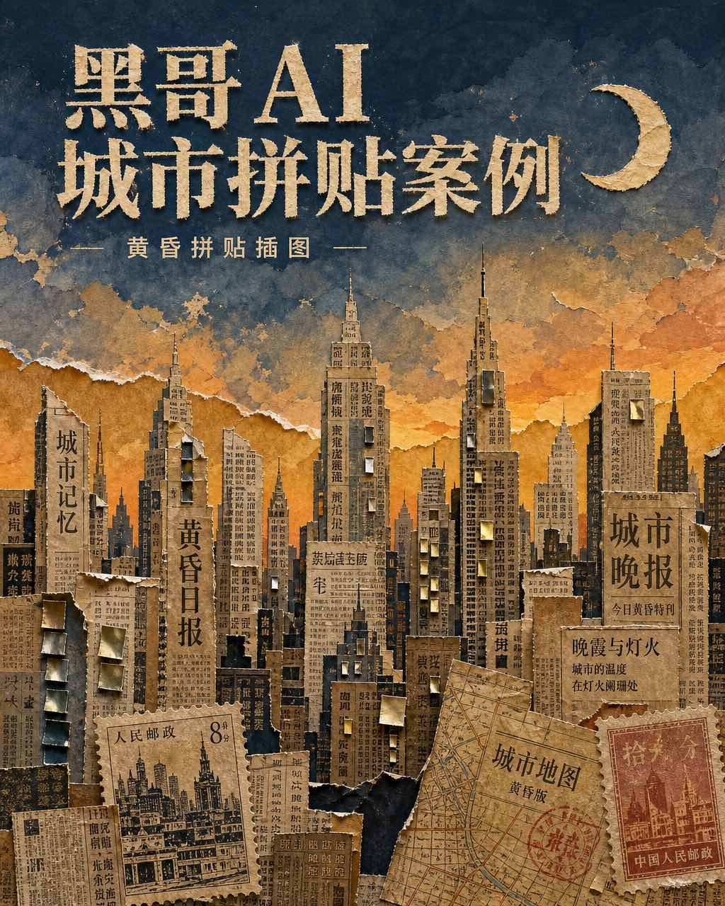 混合媒介拼贴城市天际线：撕裂报纸、邮票碎片、水粉天空，纸制新月漂浮于石板蓝琥珀天空中。