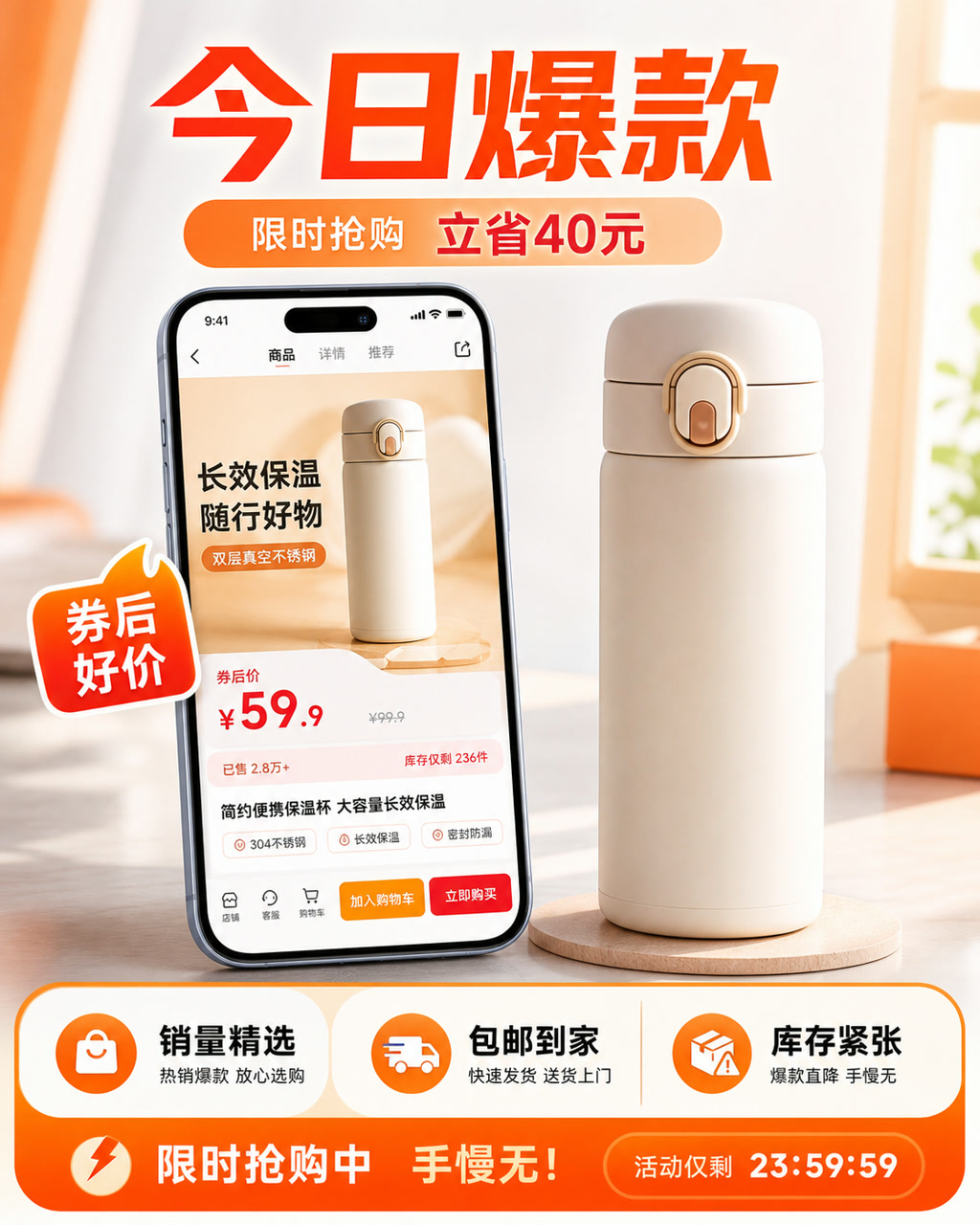 移动端促销商品卡，主文案为「今日爆款」，卖点为「销量精选、包邮到家、库存紧张」。