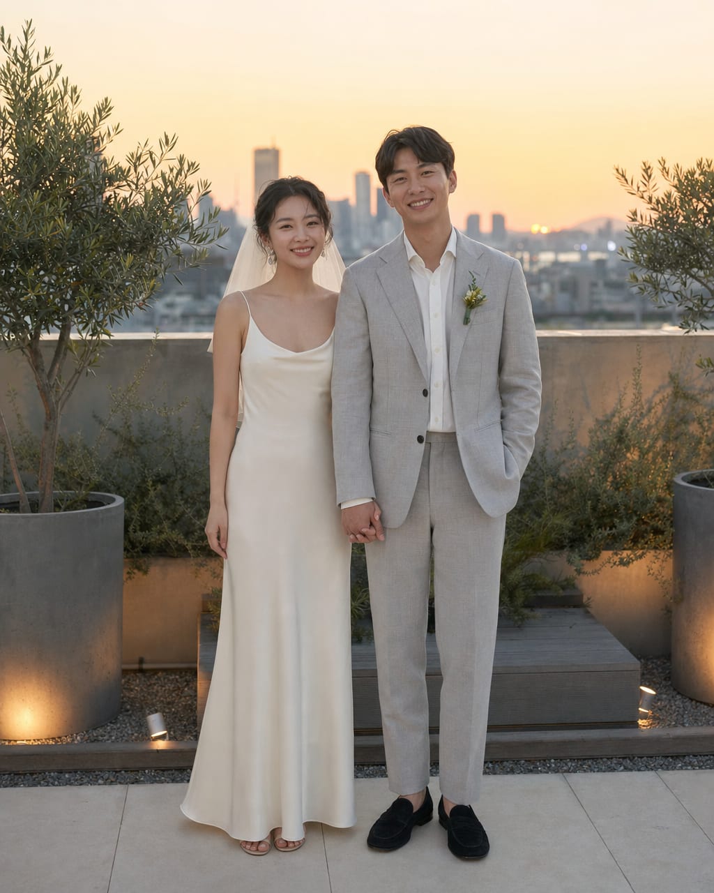新婚情侣轻婚纱：简洁婚纱、西装和自然光，呈现轻盈现代的婚礼感。
