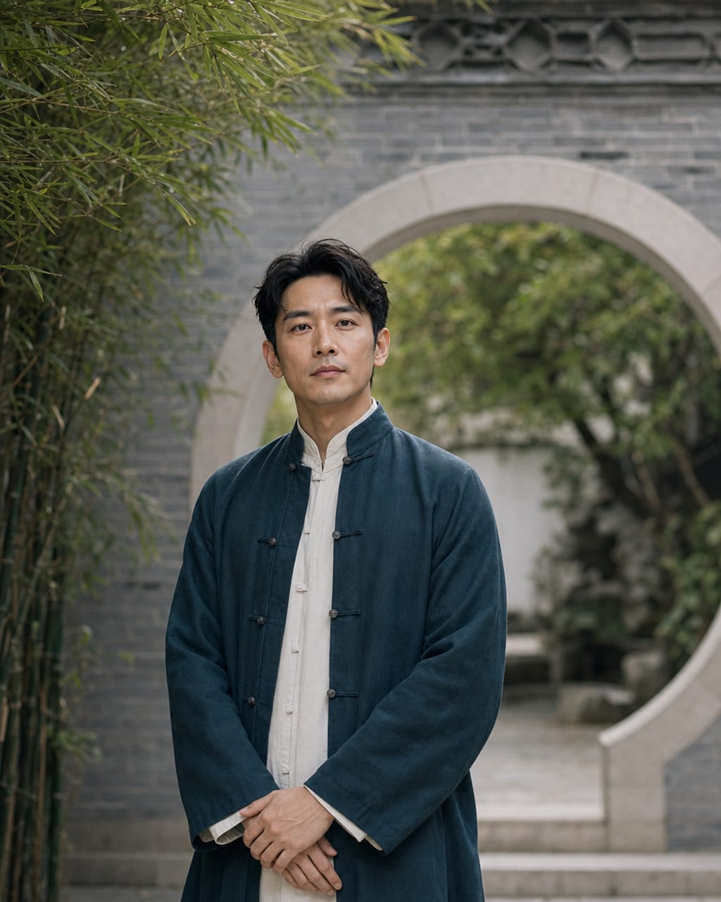 男士传统中式肖像：中式立领、木质空间或水墨感背景，融合传统与现代。