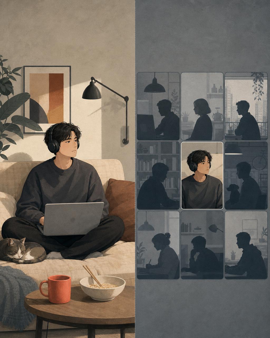现代编辑插画，竖线分割：左为沙发上抱笔记本的远程工作者，右为九宫格同事视频网格。