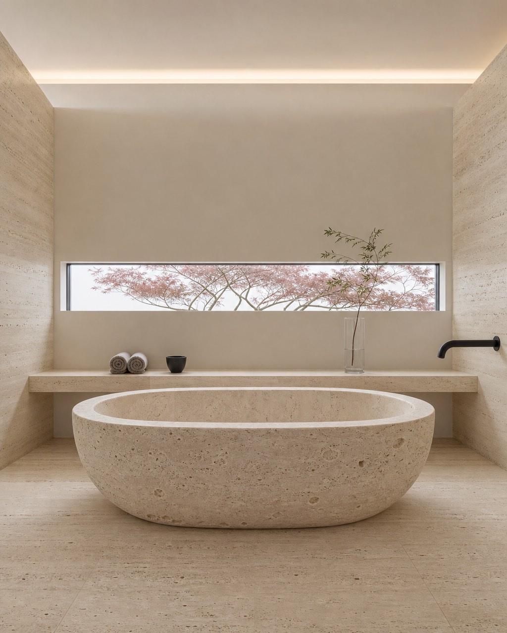 对称极简浴室：整块 travertine 雕刻的椭圆独立浴缸居中，上方横向窄窗框出日本枫，浮挑石凳与哑光黑出水嘴。
