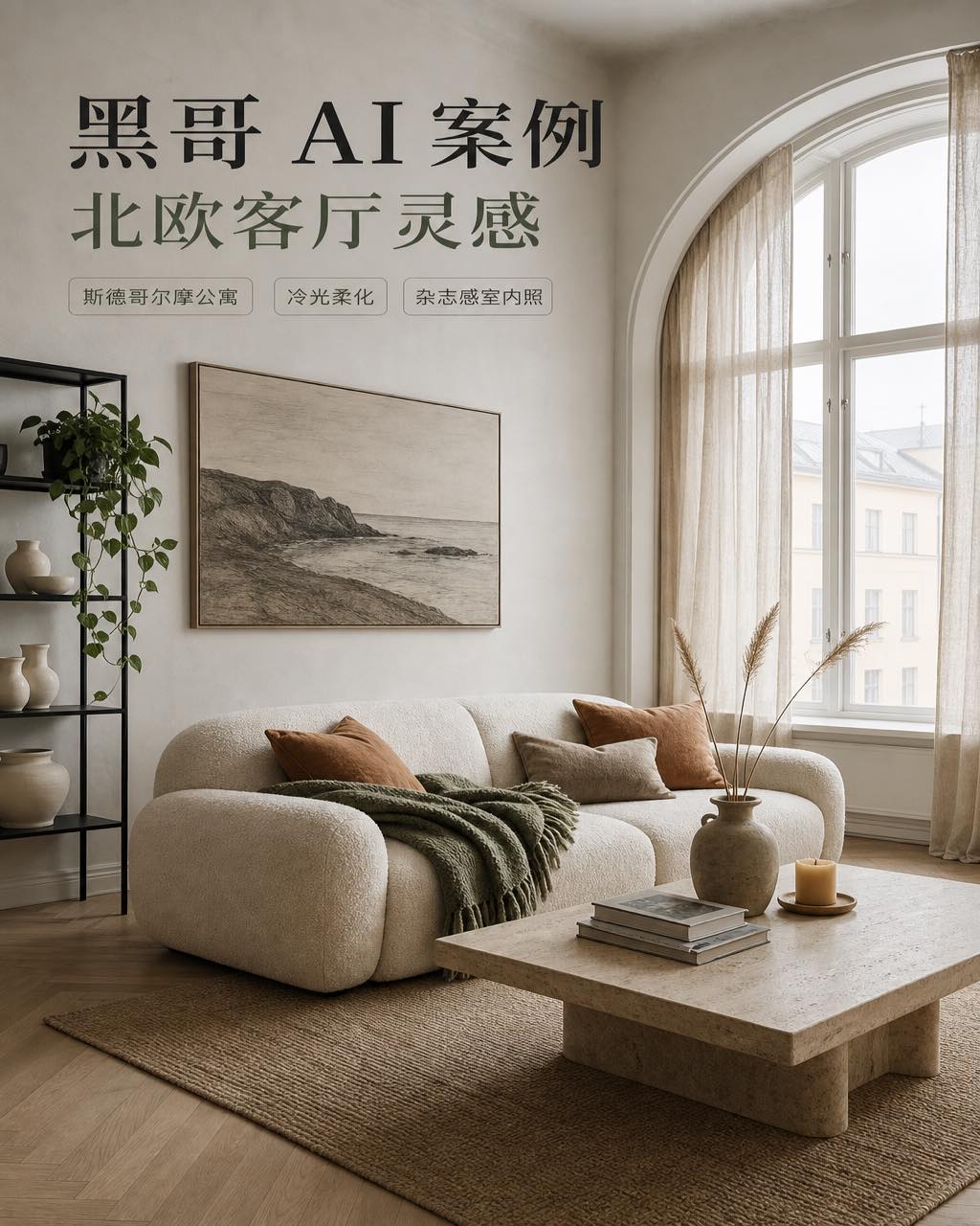 明亮的北欧风客厅，燕麦色 boucle 沙发、洞石茶几、拱形亚麻窗与橡木鱼骨地板。