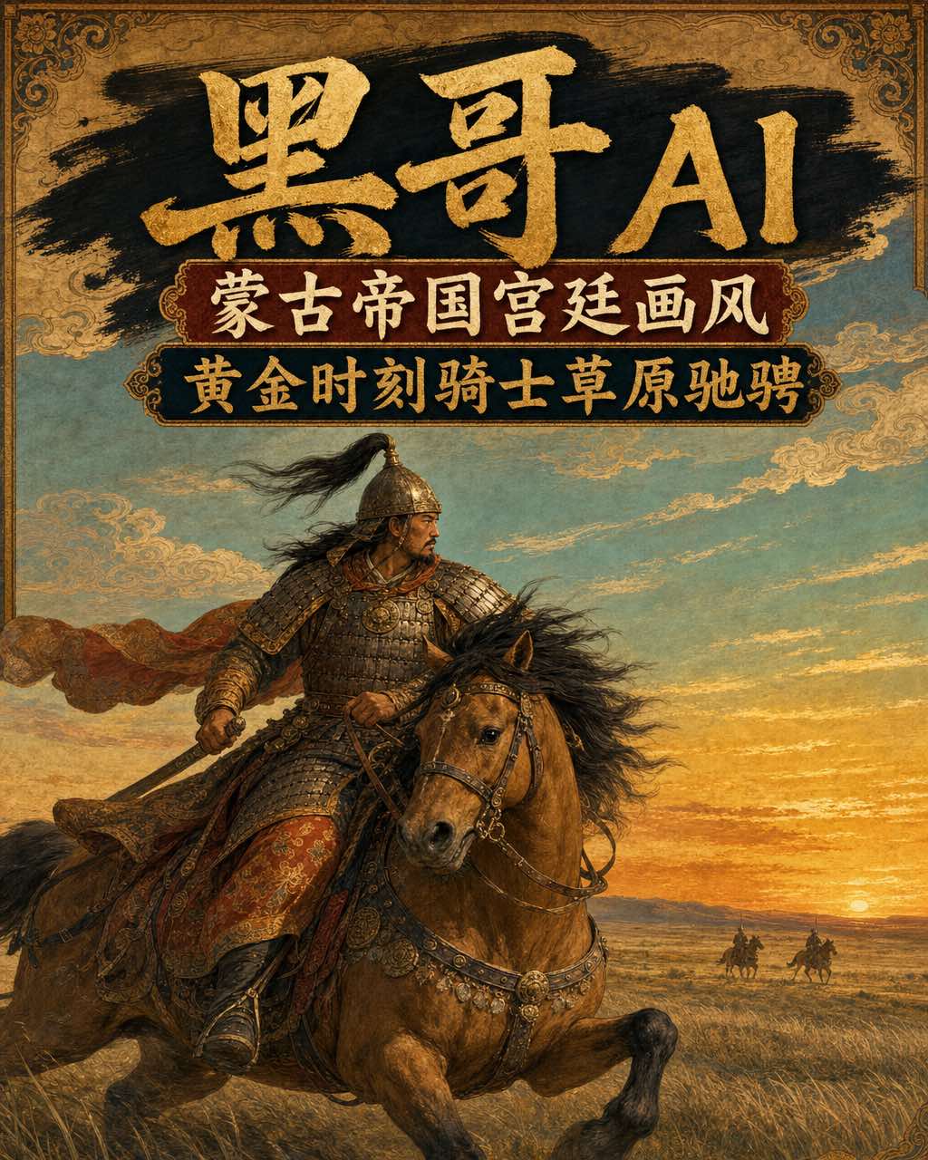 蒙古帝国风格宫廷画，铁鳞甲骑士黄金时刻驰骋草原，土黄坐骑，地平线远骑两点。