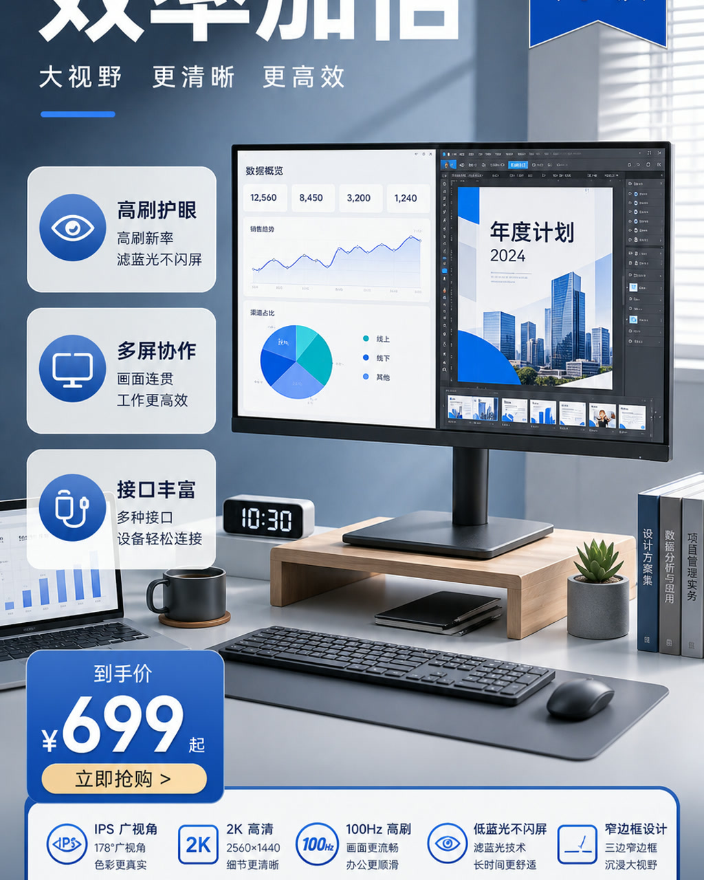 显示器办公促销图，主文案为「效率加倍」，卖点为「高刷护眼、多屏协作、接口丰富」。