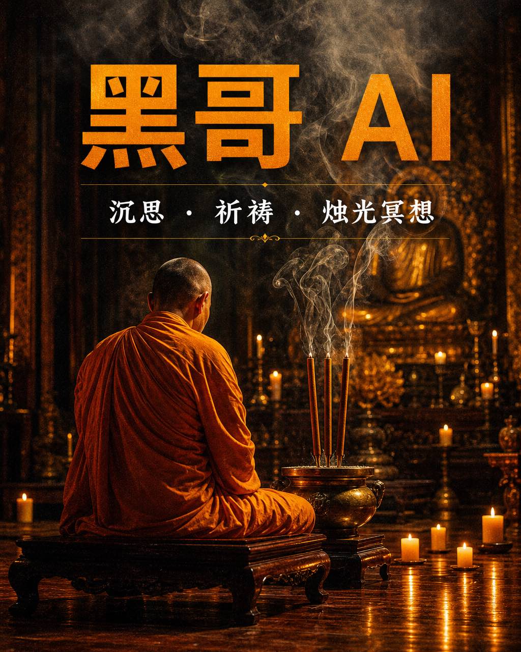 佛教僧侣背影在烛光寺庙内，香炉前烟柱升腾，藏红花橙色袈裟，琥珀烛光。