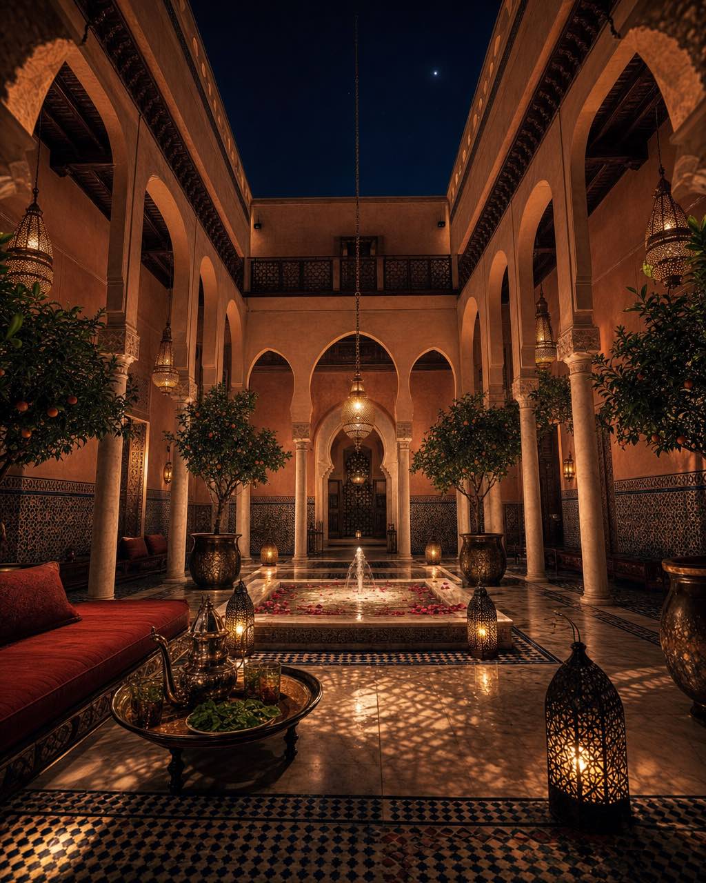 黄昏的两层摩洛哥 Riad 庭院：马蹄拱、钴蓝与藏红 zellige 瓷砖、中心大理石喷泉漂玫瑰花瓣、镂空铜灯笼投下花纹。