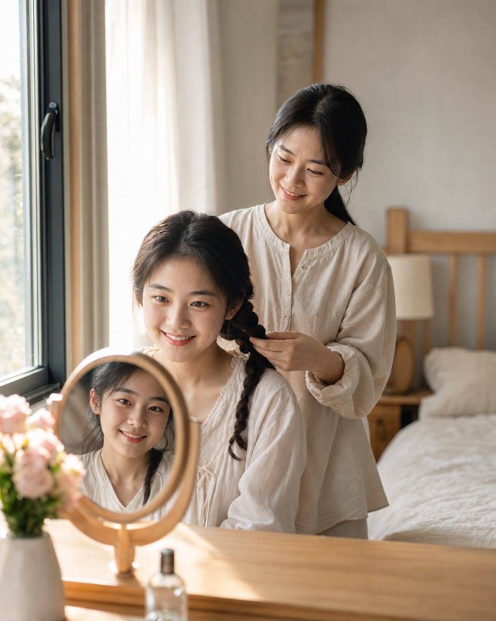 母女亲密肖像：相拥、对视或共读场景，表达细腻亲情。