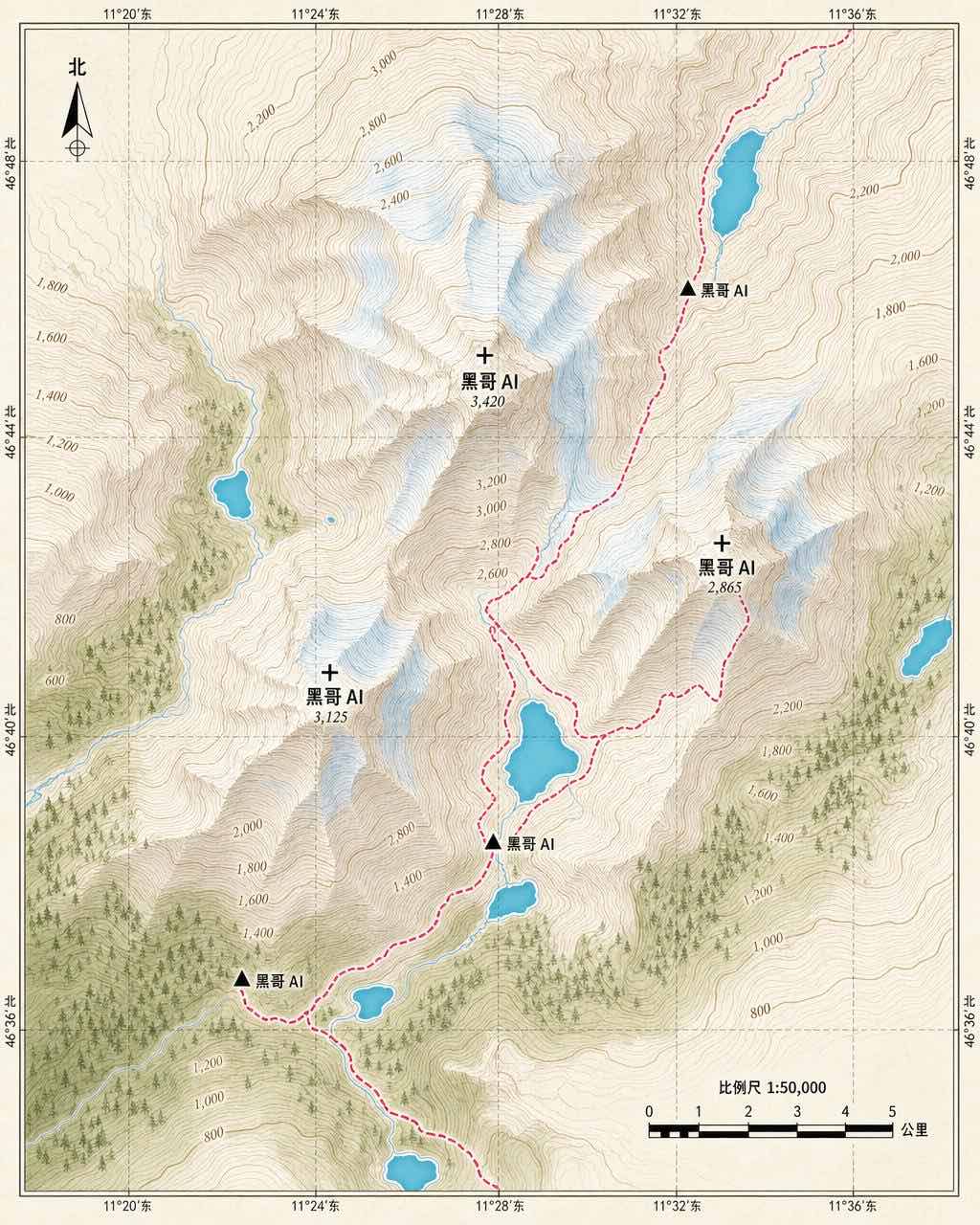 编辑级山区地形图：褐色等高线、青蓝湖泊、品红徒步路径和三座山峰。