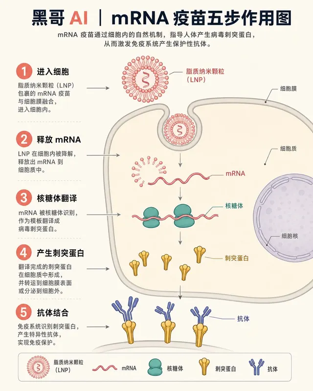 Isometric flat infographic with five numbered steps showing an mRNA vaccine lipid nanoparticle entering a cell, releasing mRNA, triggering ribosome translation, and antibody binding.