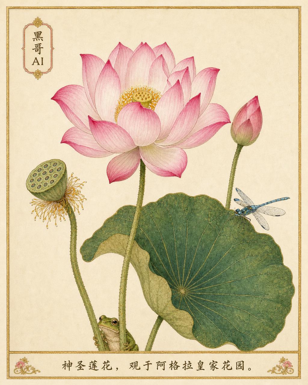 莫卧儿贾汉吉尔时期植物写生，奶白纸底粉色莲花，蜻蜓、青蛙、叶脉细节与波斯页边题注。