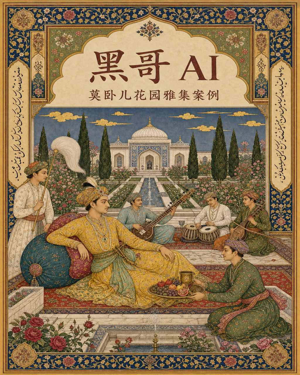 莫卧儿细密画，王子斜倚花园，乐手演奏，几何水渠柏树，波斯书法边框装饰。