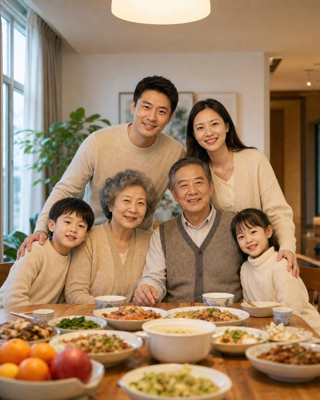 多代同堂家庭照：长辈、父母和孩子同框，稳重构图呈现传承感。
