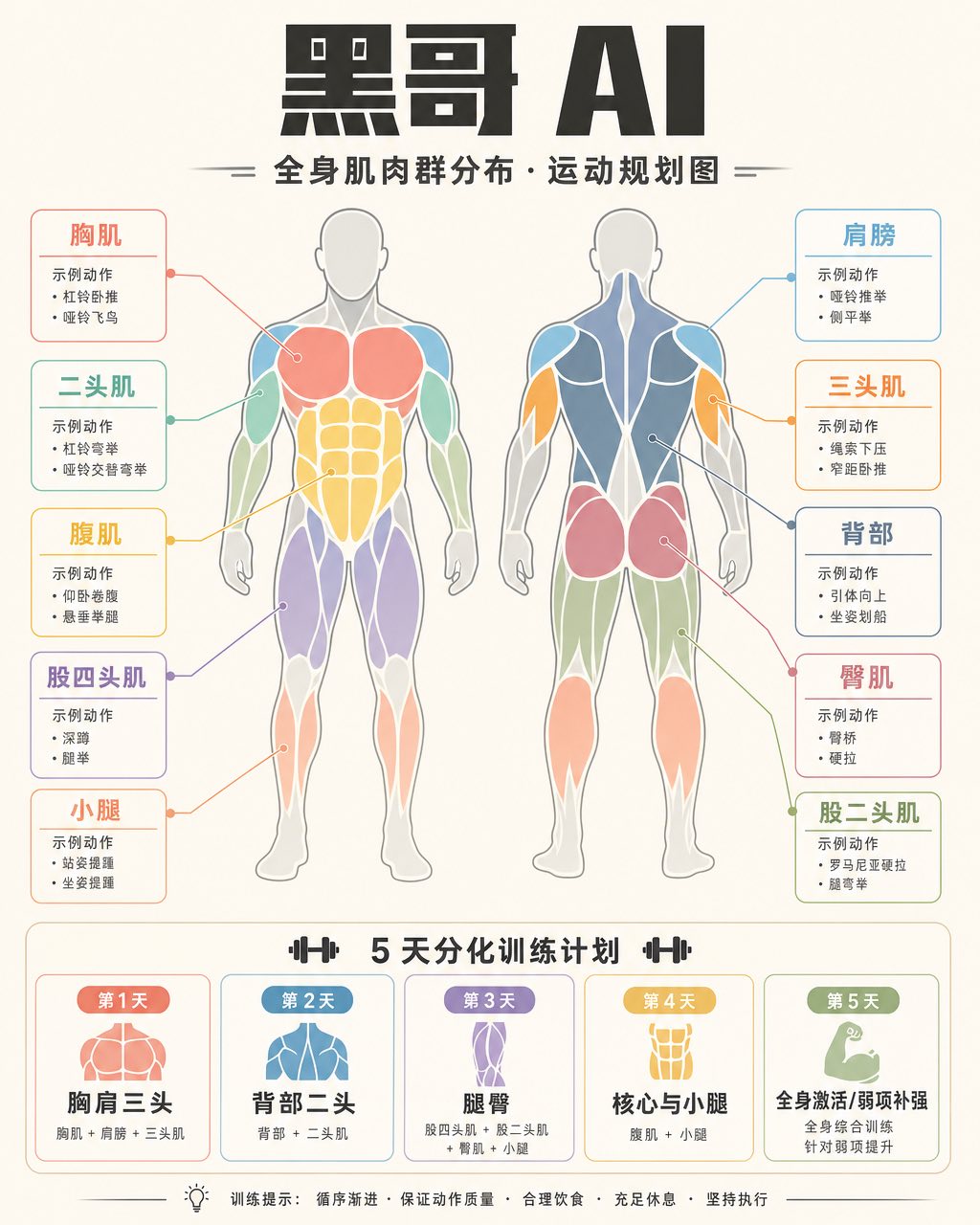 扁平解剖海报，前后视人体轮廓，主要肌肉群粉彩色标注，外边距运动练习说明框