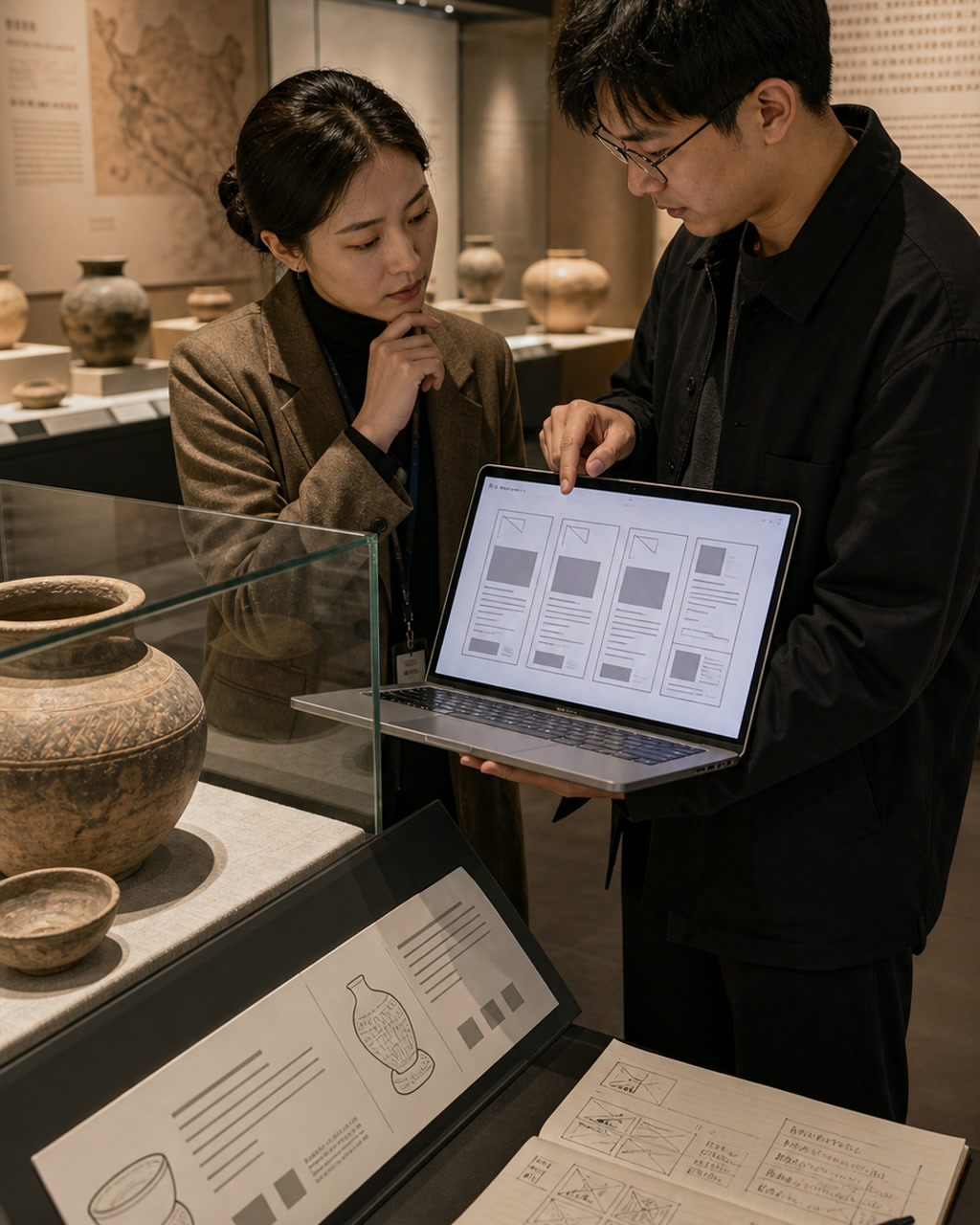 博物馆策展 AI 说明牌排版案例图，地方博物馆展厅，一名策展人和设计师在展柜旁讨论展签版式，笔记本屏幕是无字可读的排版线框，背景为陶器与柔光。