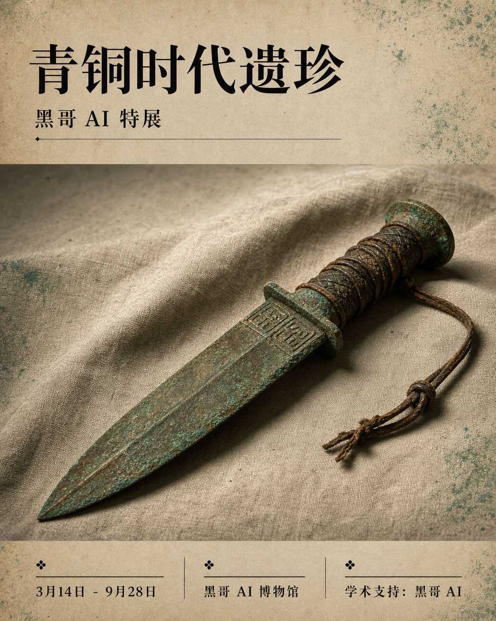 博物馆展览海报，灰色亚麻布上的腐蚀青铜短剑，细衬线标题 Beneath the Furnace。