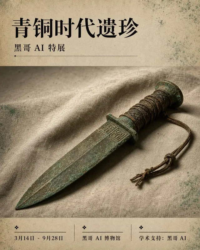 博物馆展览海报,灰色亚麻布上的腐蚀青铜短剑,细衬线标题 Beneath the Furnace。