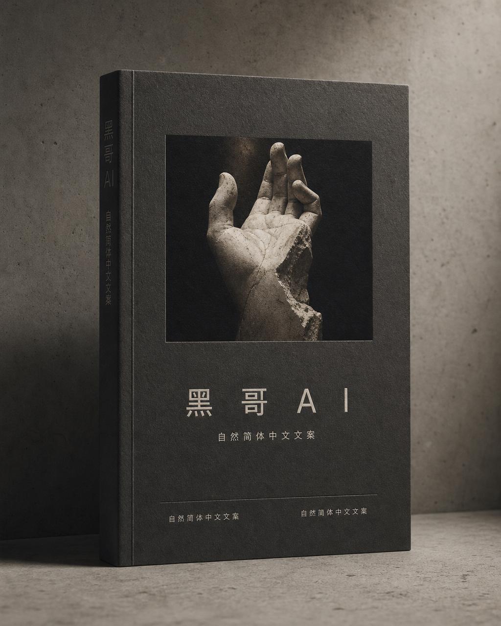 炭灰色未涂布纸博物馆图录立放，封面有大理石手部褐调照片与全大写标题 'HANDS THAT HELD THE CENTURY'。
