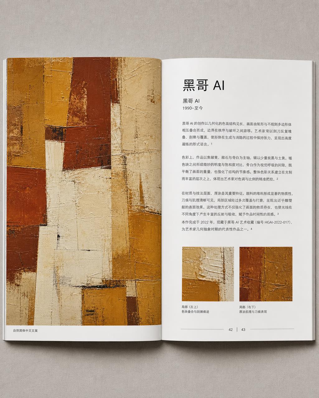 博物馆图录跨页，左页全出血抽象油画复制，右页白底学术多栏文字排版。
