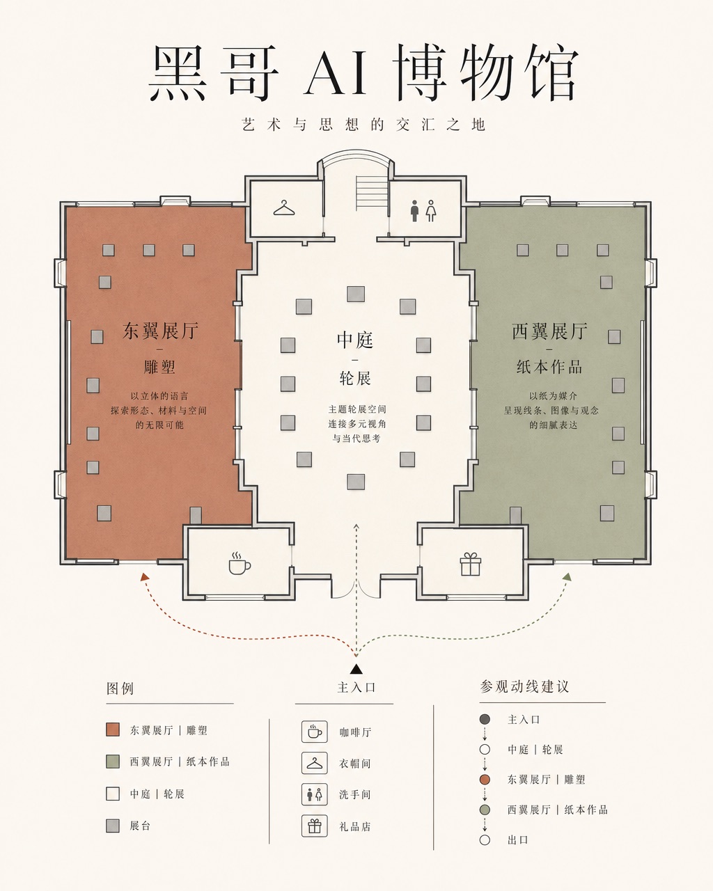 优雅博物馆平面图，三翼色码区分，图标设施标注，精细衬线字体