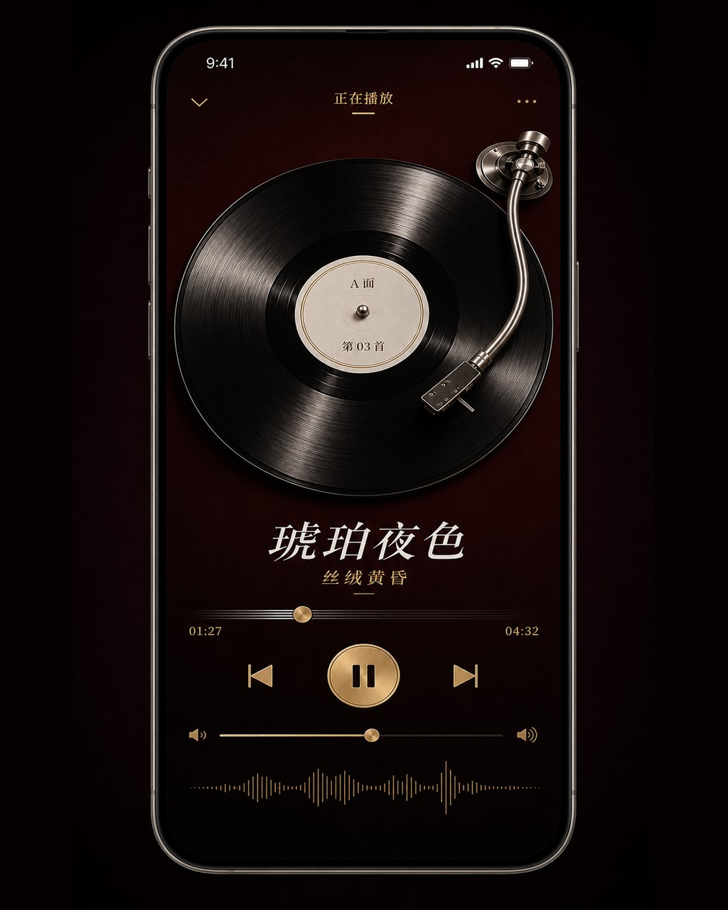 深色 iPhone 音乐播放器，复古旋转黑胶唱片、拉丝铬钢唱臂、衬线斜体歌曲标题和金色播放控件，深酒红背景。