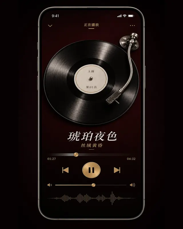 深色 iPhone 音乐播放器,复古旋转黑胶唱片、拉丝铬钢唱臂、衬线斜体歌曲标题和金色播放控件,深酒红背景。