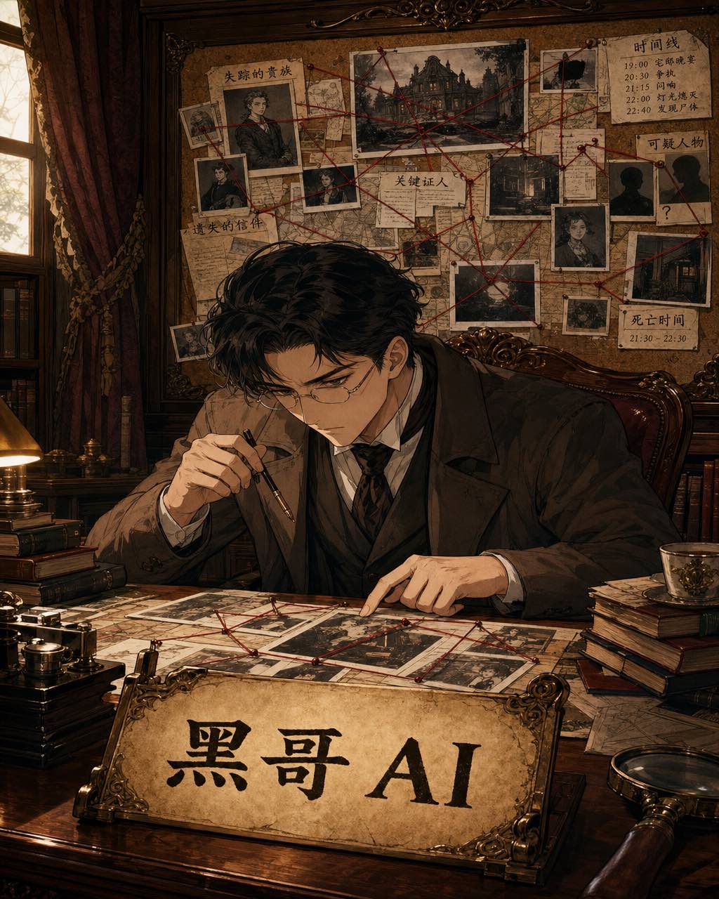 90年代复古动漫画面，戴眼镜侦探俯身书桌，背后红线案情板，书桌铭牌"Karasu Shinjiro Detective"。