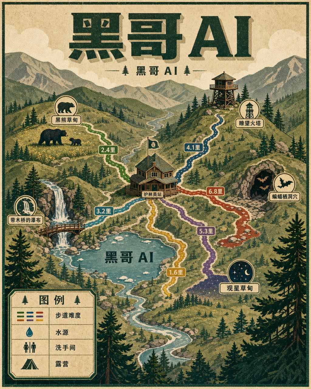 复古扁平插画国家公园步道图：彩色步道、冰川湖、动物图标和粗板字标题。