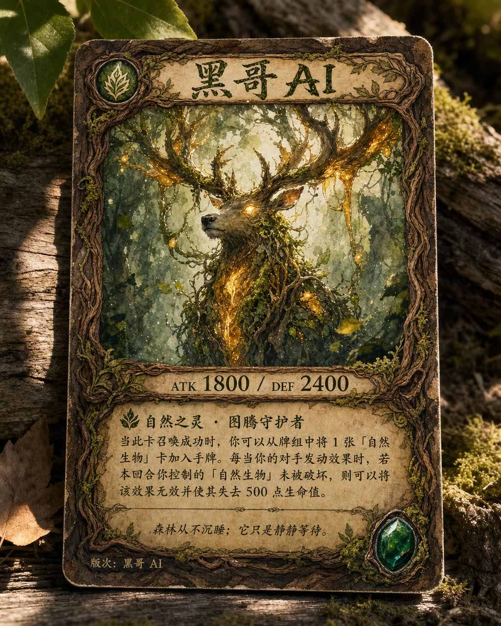 名为 Thornhaven Warden 的 TCG 自然卡，水彩鹿角藤蔓精灵，苔藓玛瑙绿稀有度宝石。