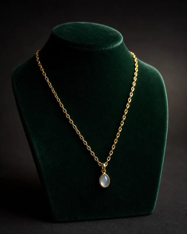 Gold vermeil chain necklace with moonstone teardrop pendant on a forest-green velvet neck form, sharp LED strip light above on dark background.