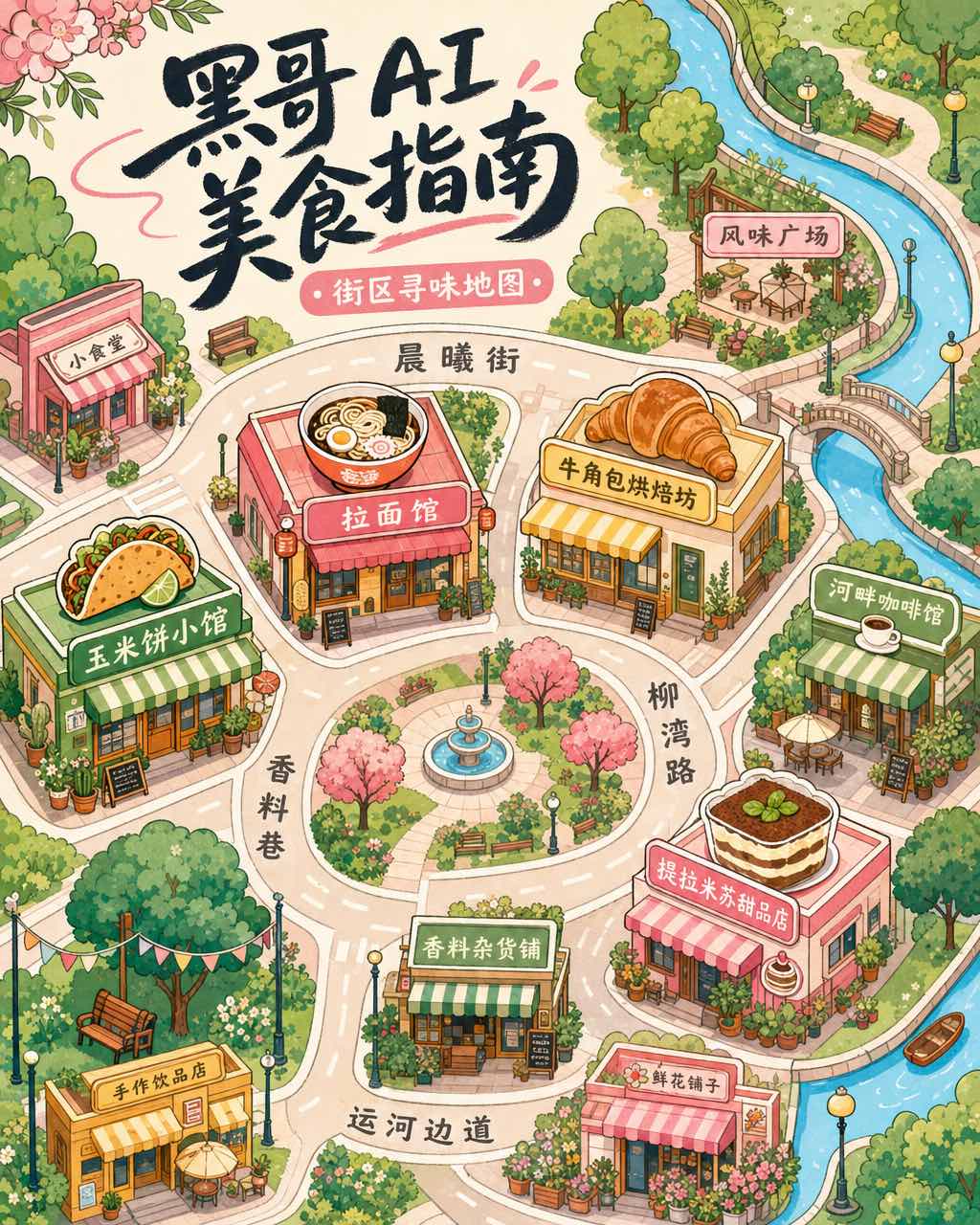 鸟瞰扁平插画美食地图，各餐厅图标与「Brindlewick Eats」手写标题