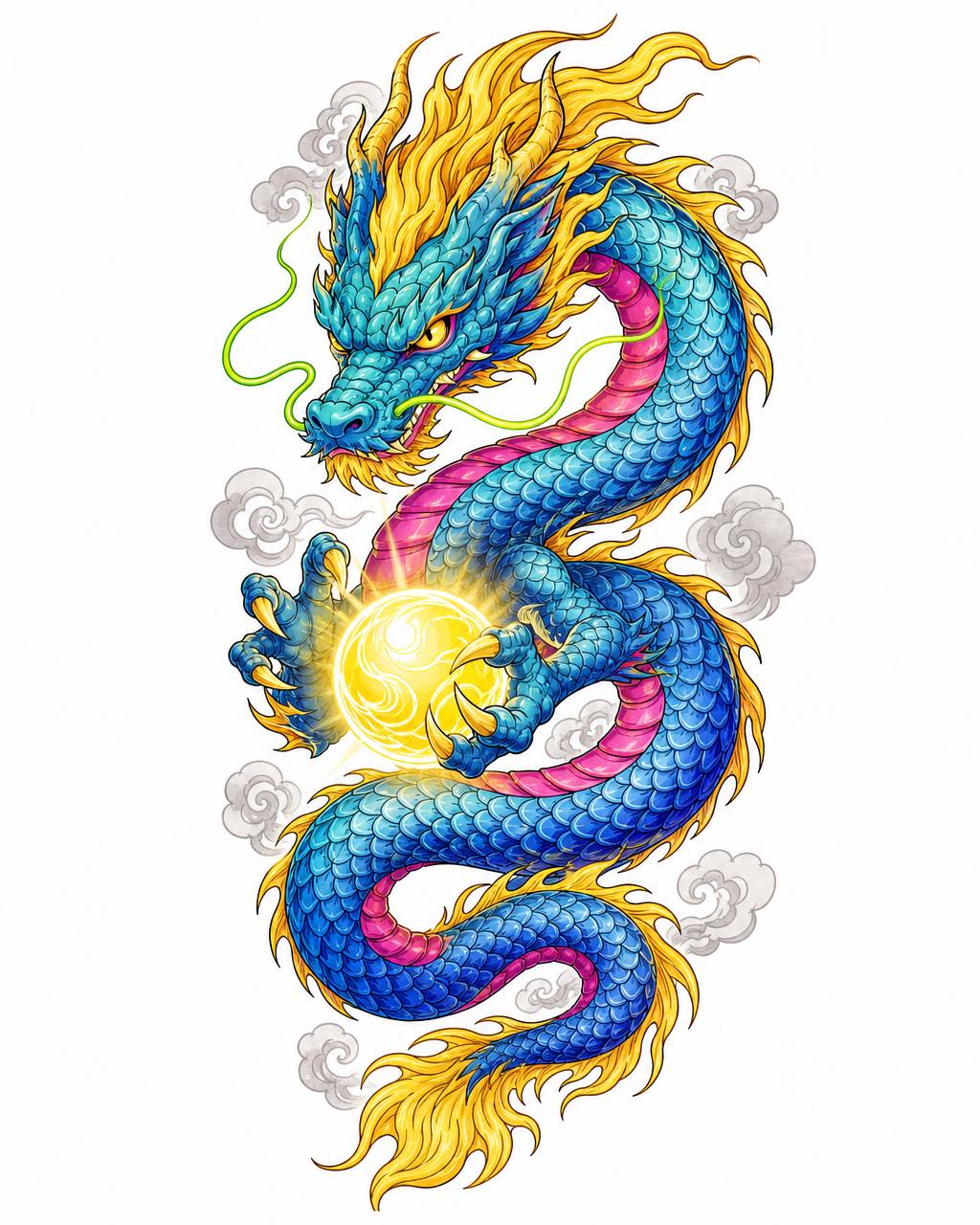 新日式东方龙纹身缠绕宝珠，青蓝洋红与黄配色，孤立白底。