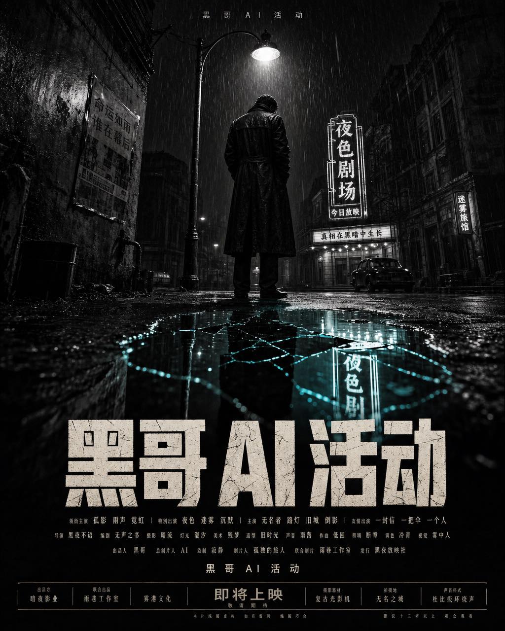 黑白新黑色电影海报，路灯下背身人物，水洼带湖青色，模板字体标题 ROOM 1107。
