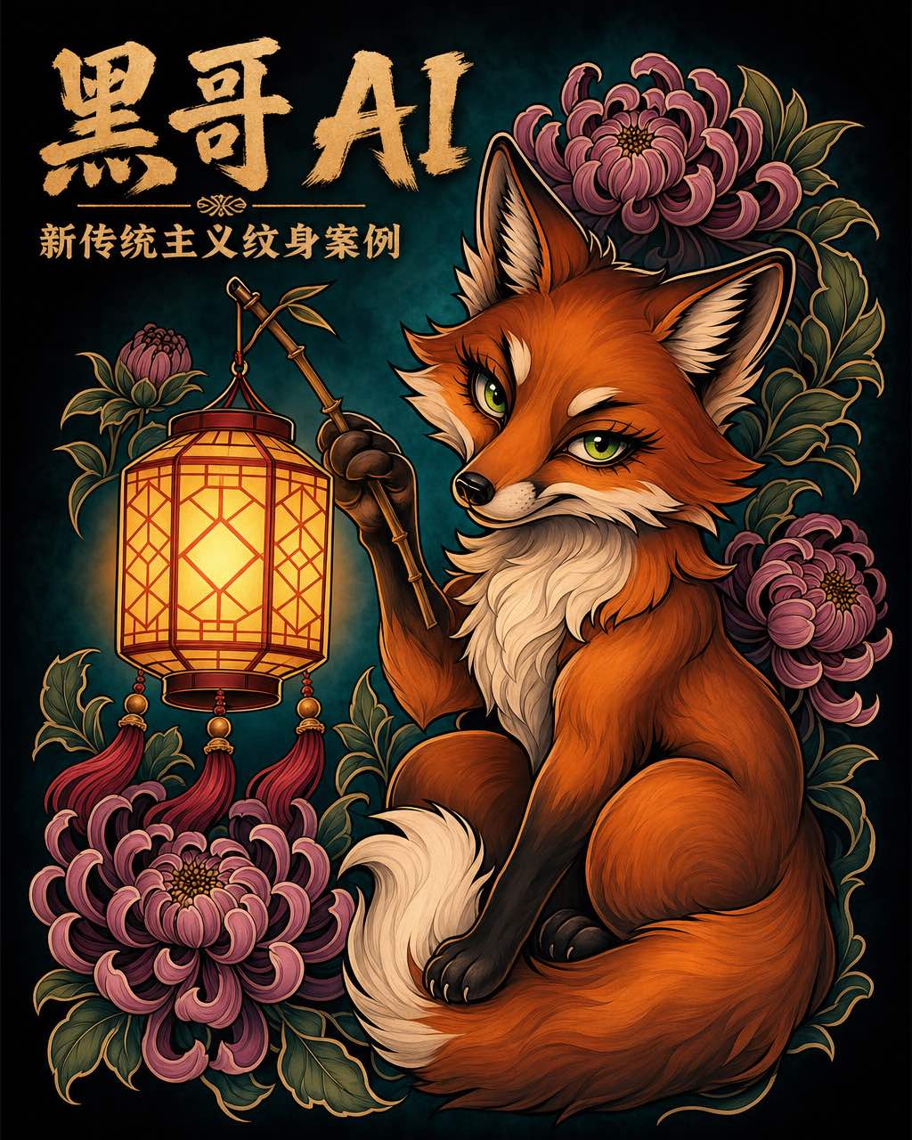 新传统主义纹身，琥珀色狐狸手持藏红花色灯笼，周围暗粉紫菊花，深青色背景。