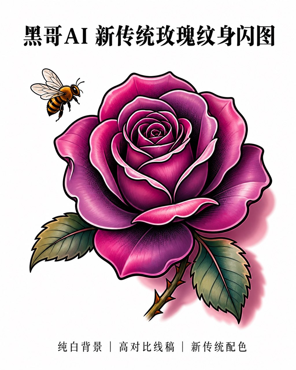 新传统玫瑰 tattoo flash 含带刺枝条、叶片与蜜蜂，李子色与祖母绿配色，孤立白底。