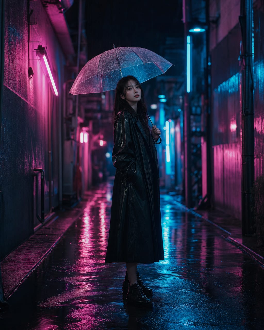 霓虹雨巷夜景人像：一位穿黑色风衣的年轻女性，半侧身回望镜头，发梢带一点雨水，雨后的城市小巷，地面有霓虹倒影，远处店招被大光圈化成彩色光斑。