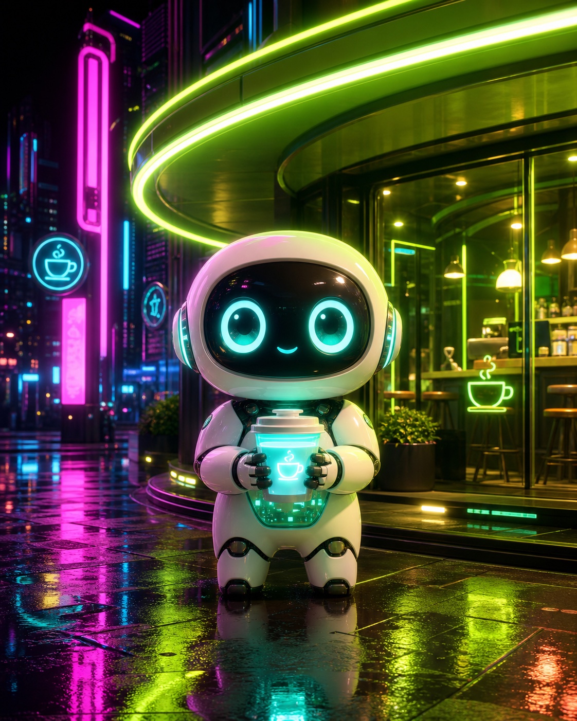 A cute white cafe greeter robot holding a glowing cup outside a neon cyberpunk cafe.
