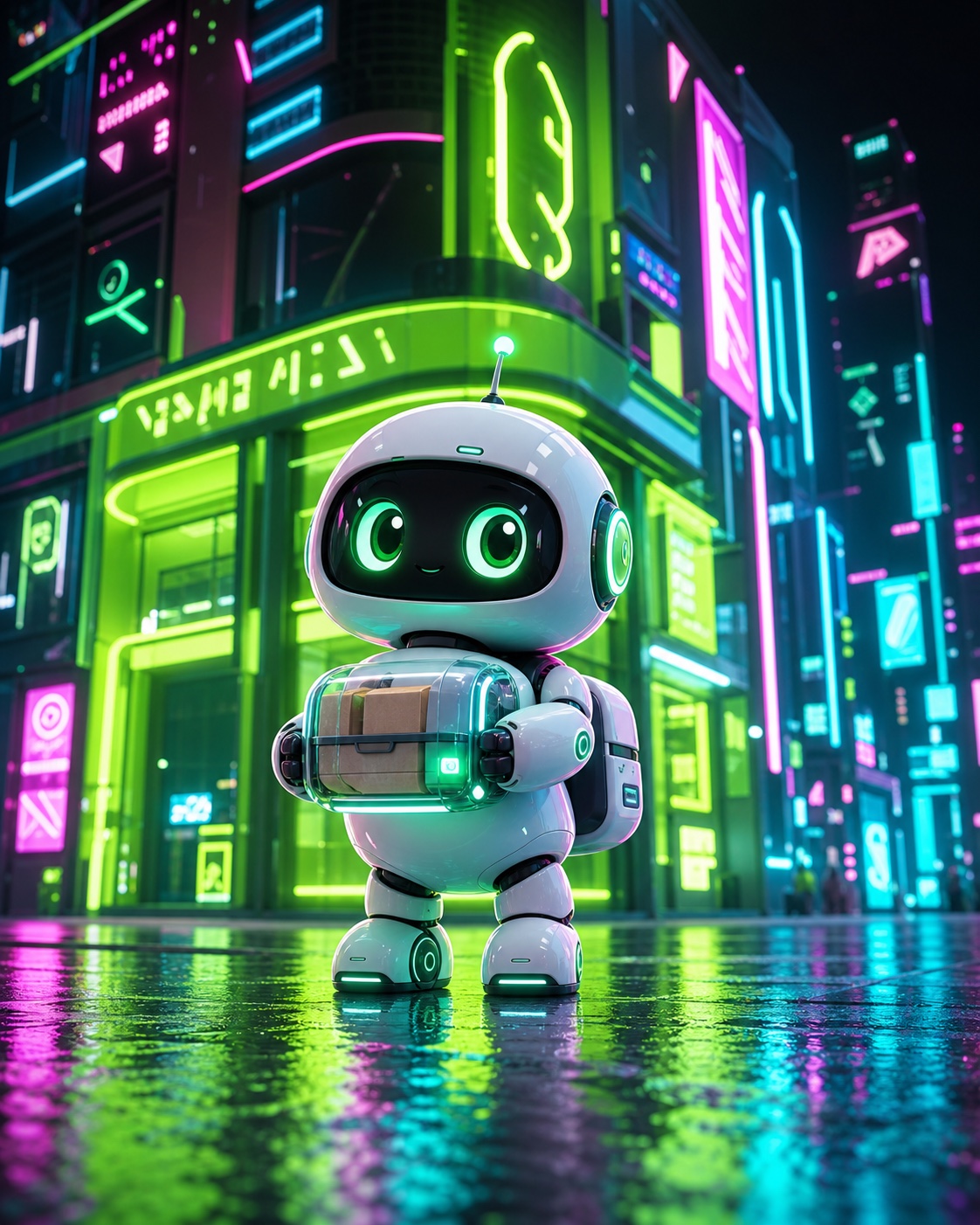 A rounded white delivery robot holding a transparent parcel pod on a neon green cyberpunk street.